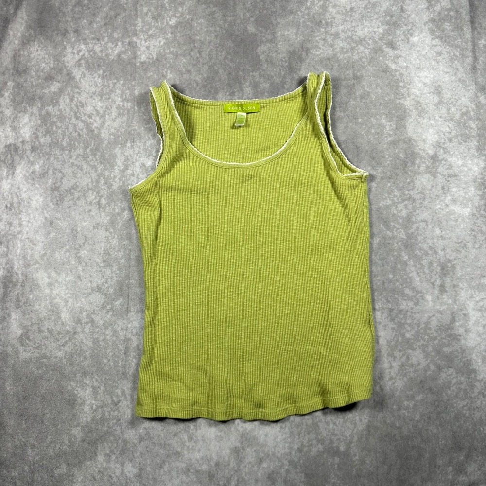 Sigrid Olsen Ribbed Tank Top Womens S Lime Green Crochet Lace Fairycore Y2K